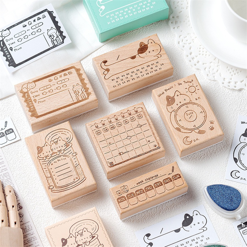 Rubber Date Stamp - ختم خشبي مطاطي بتصميم قطة لطيفة،